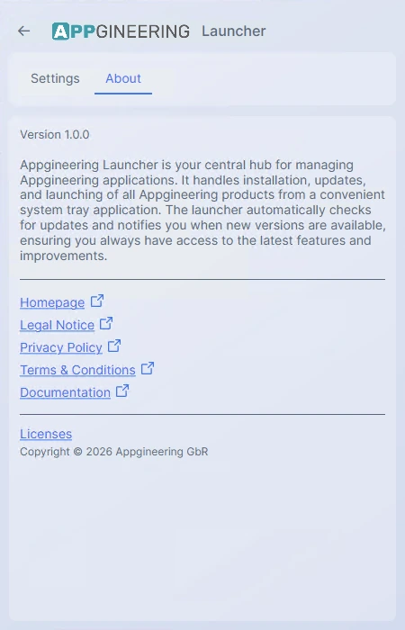 Screenshot: The About tab of the Settings page, showing the Appgineering logo, version string, copyright line, a couple of external link buttons, and the "Licenses" button.