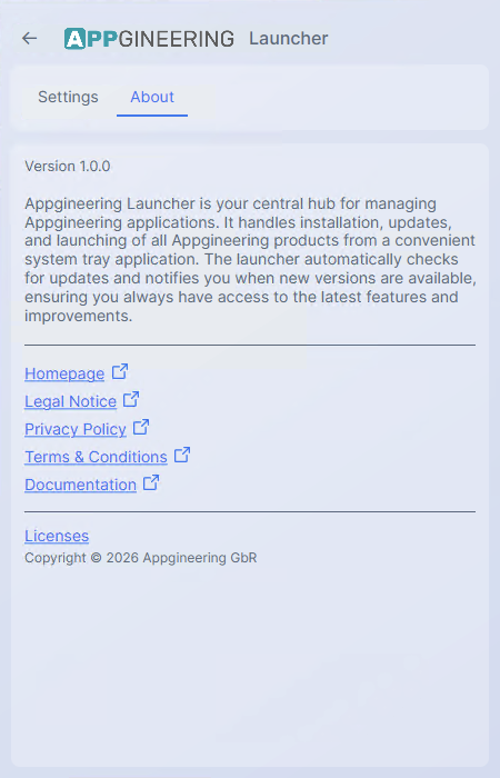 Screenshot: The About tab of the Settings page, showing the Appgineering logo, version string, copyright line, a couple of external link buttons, and the "Licenses" button.