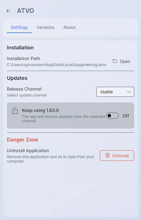 Screenshot: The full Settings tab of an application detail view, with all four sections visible: Installation Path, Release Channel, Version Lock, and the red Uninstall button at the bottom.