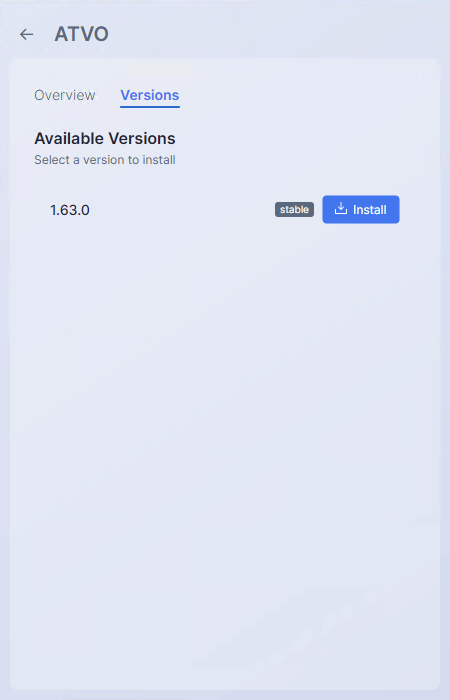 Screenshot: The Versions tab showing a scrollable list of versions. The current version is marked "Installed", newer versions on the same channel show an "Update" button, older versions show "Downgrade", and a beta-channel version shows an info icon explaining channel mismatch.