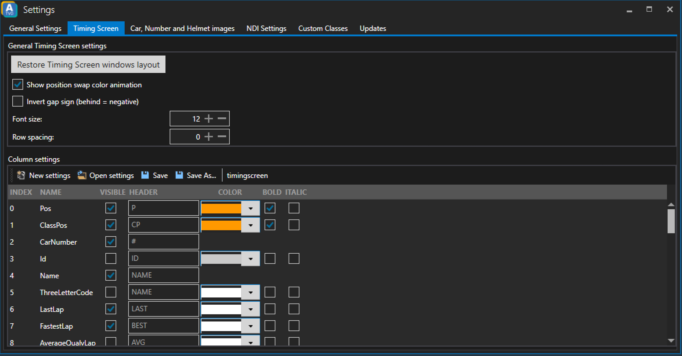 ATVO Timing Screen Settings