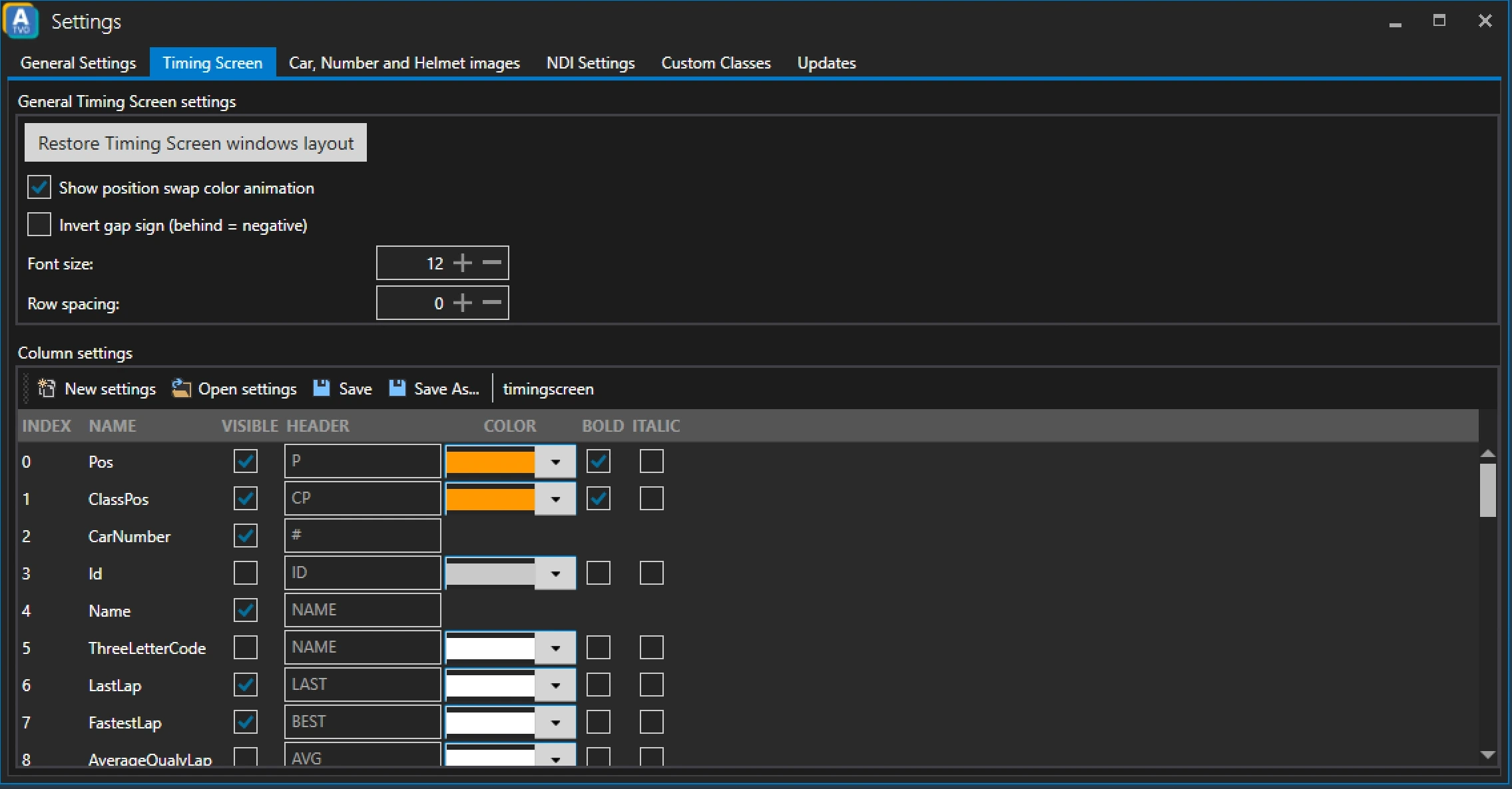 ATVO Timing Screen Settings
