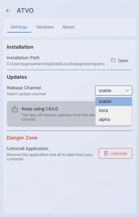 Screenshot: The channel dropdown open on an application's Settings tab, showing the three channel options with color-coded badges.