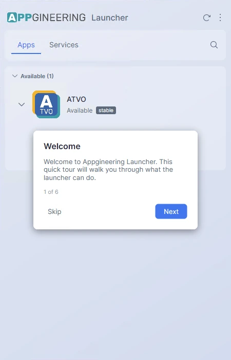Screenshot: The Launcher main window as it appears immediately after first launch, with the first step of the onboarding tour overlay visible.