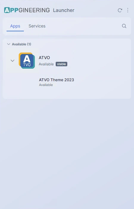 Screenshot: The Launcher main window open on the desktop, showing the "Apps" tab with a few installed applications listed and the system tray icon visible in the taskbar/menu bar.