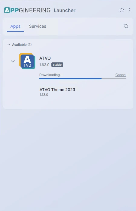 Screenshot: An application row mid-install with a progress bar replacing the Install button, showing percentage and current speed.