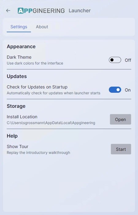 Screenshot: The Launcher Settings page on its Settings tab, with all setting groups visible: Appearance, Updates, Storage, Help.