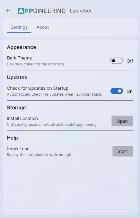 Screenshot: The Launcher Settings page on its Settings tab, with all setting groups visible: Appearance, Updates, Storage, Help.