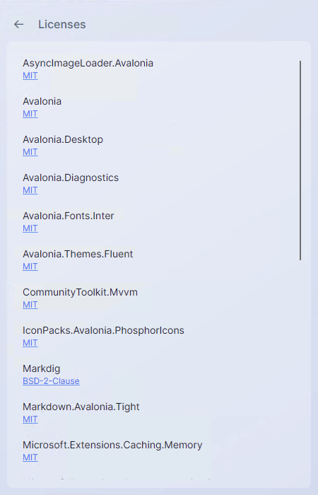 Screenshot: The Licenses screen with a scrollable list of dependencies, each row showing the library name, license short name (MIT, Apache-2.0, etc.), and an external link icon.