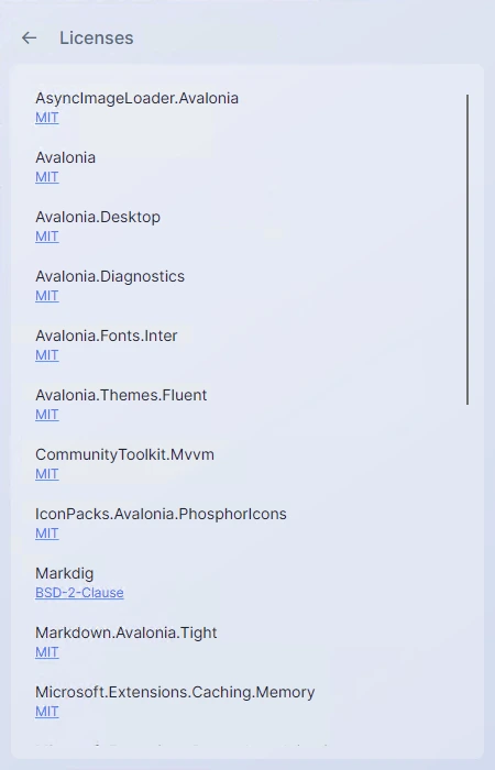 Screenshot: The Licenses screen with a scrollable list of dependencies, each row showing the library name, license short name (MIT, Apache-2.0, etc.), and an external link icon.
