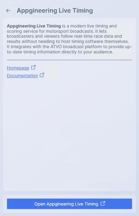 Screenshot: The About page for the Live Timing service, with the service icon, description text, and a "Visit Website" link button.