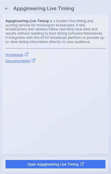 Screenshot: The About page for the Live Timing service, with the service icon, description text, and a "Visit Website" link button.