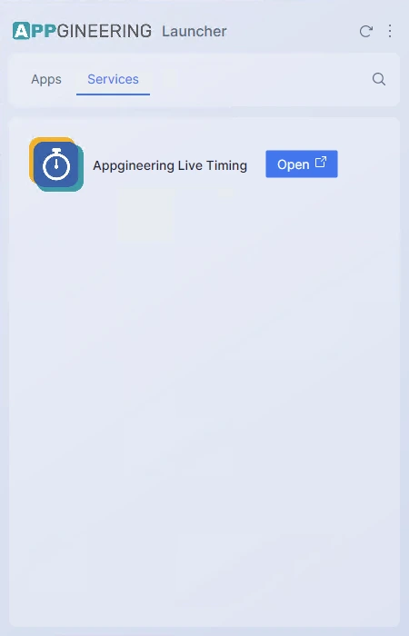 Screenshot: The Services tab open, showing a list of services each with an icon, name, an Open button, and a menu button.