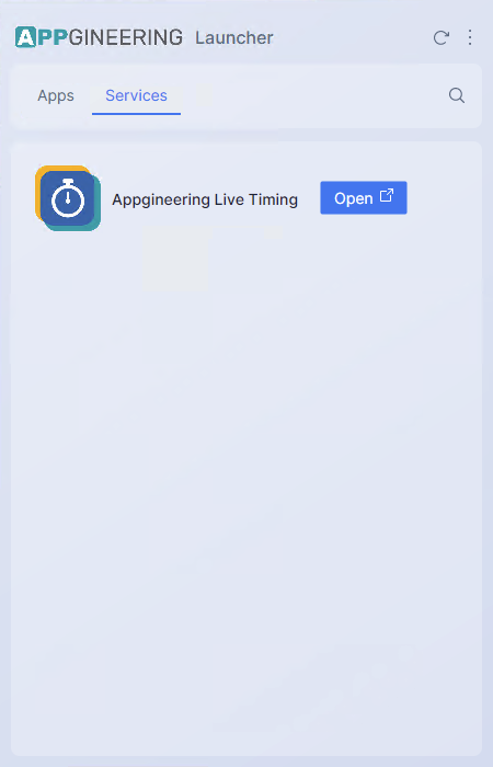 Screenshot: The Services tab open, showing a list of services each with an icon, name, an Open button, and a menu button.
