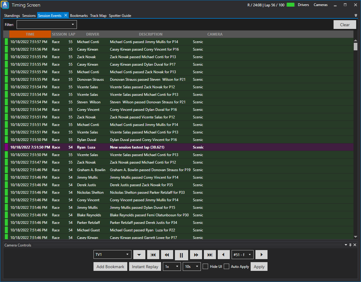ATVO Timing Screen Session Events Tab