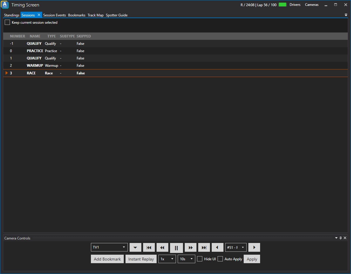 ATVO Timing Screen Sessions Tab