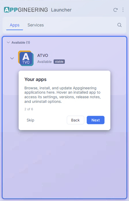 Screenshot: The first-launch tour overlay with the dimmed background and a highlight ring around the app list. The tour card shows the title, body text, "Step 2 of 6" indicator, and Back / Next / Skip buttons.
