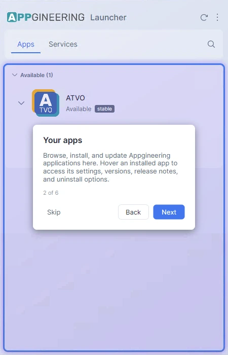 Screenshot: The first-launch tour overlay with the dimmed background and a highlight ring around the app list. The tour card shows the title, body text, "Step 2 of 6" indicator, and Back / Next / Skip buttons.
