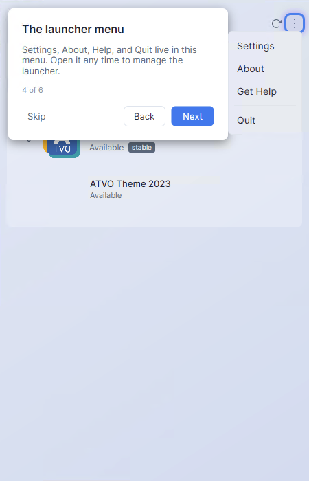 Screenshot: Tour step 4 with the Settings menu dropdown open and the highlight ring around the menu, demonstrating the navigation step.