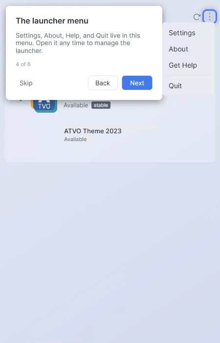 Screenshot: Tour step 4 with the Settings menu dropdown open and the highlight ring around the menu, demonstrating the navigation step.