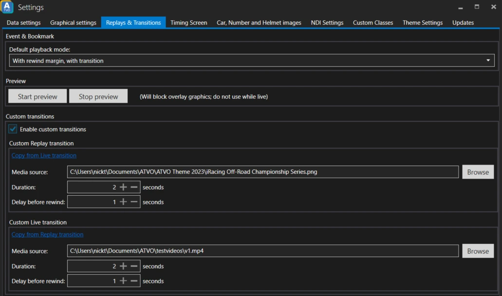 ATVO Replays and Transitions Settings