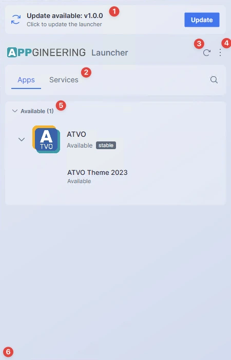 Screenshot: The full main window with annotations / callouts on each region: (1) Launcher update banner at the top, (2) Tab bar with "Apps" and "Services", (3) Search and refresh icons, (4) Settings menu button, (5) Application list, (6) Notification bar area at the bottom.