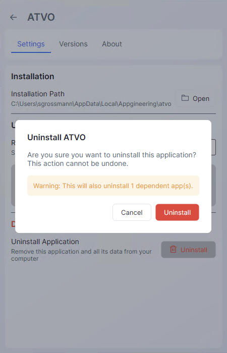 Screenshot: The uninstall confirmation dialog with the app name in the title, an orange warning banner listing "This will also uninstall: ATVO Theme 2023", and Cancel / Uninstall buttons.