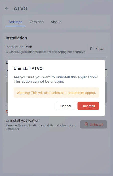 Screenshot: The uninstall confirmation dialog with the app name in the title, an orange warning banner listing "This will also uninstall: ATVO Theme 2023", and Cancel / Uninstall buttons.