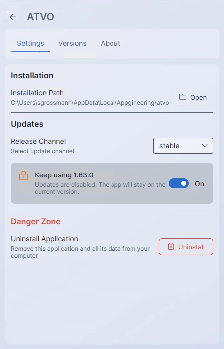 Screenshot: A close-up of the Version Lock toggle in the application Settings tab, in its enabled state, with descriptive helper text beneath it.