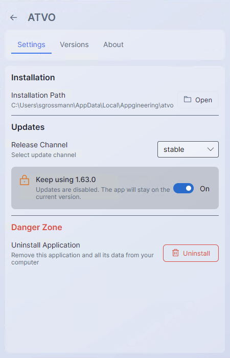 Screenshot: A close-up of the Version Lock toggle in the application Settings tab, in its enabled state, with descriptive helper text beneath it.